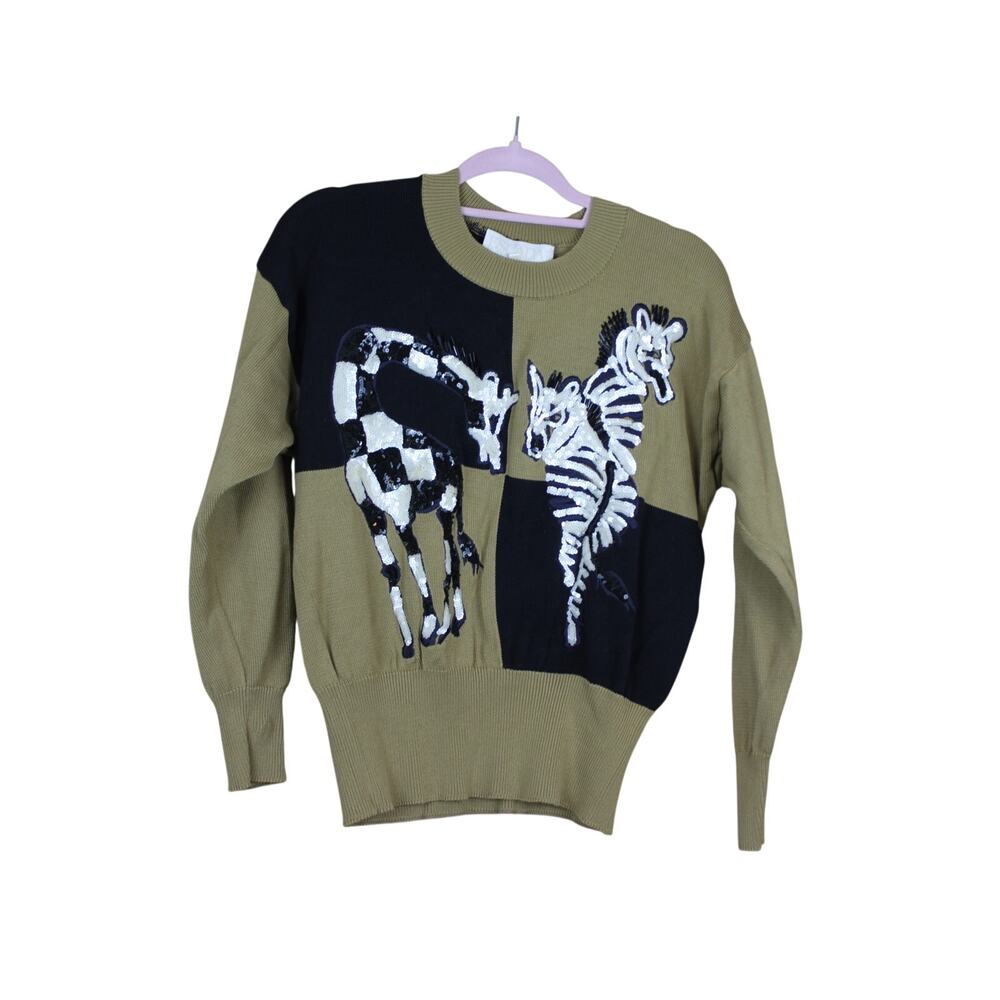 Vtg Escada Brown w/ Black & White Sequins Zebra & Giraffe Sweater Top Size 36/ S
